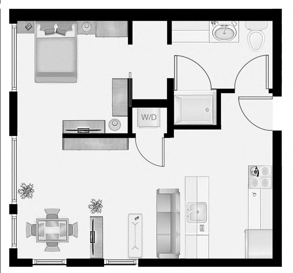 Floor plan for 1 bed, 1 bath, 417 sqft